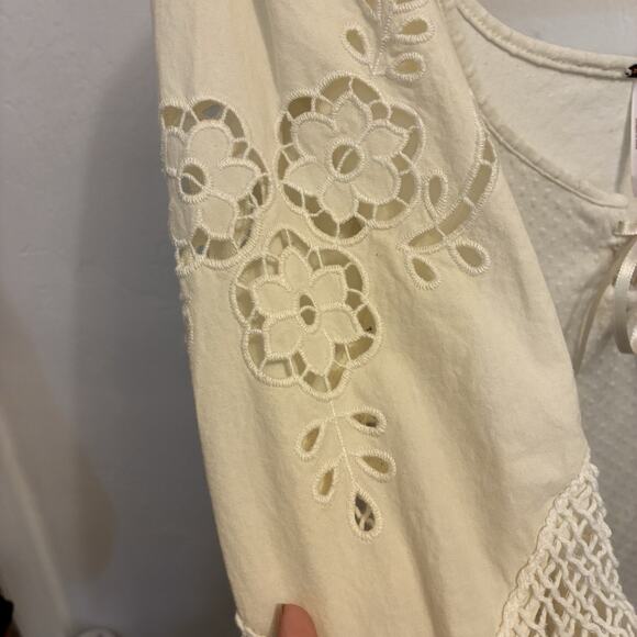 FREE PEOPLE Brunch Date Ivory Eyelet Lace Sleeve Blouse L Coquette Romantic Boho - Picture 6 of 11
